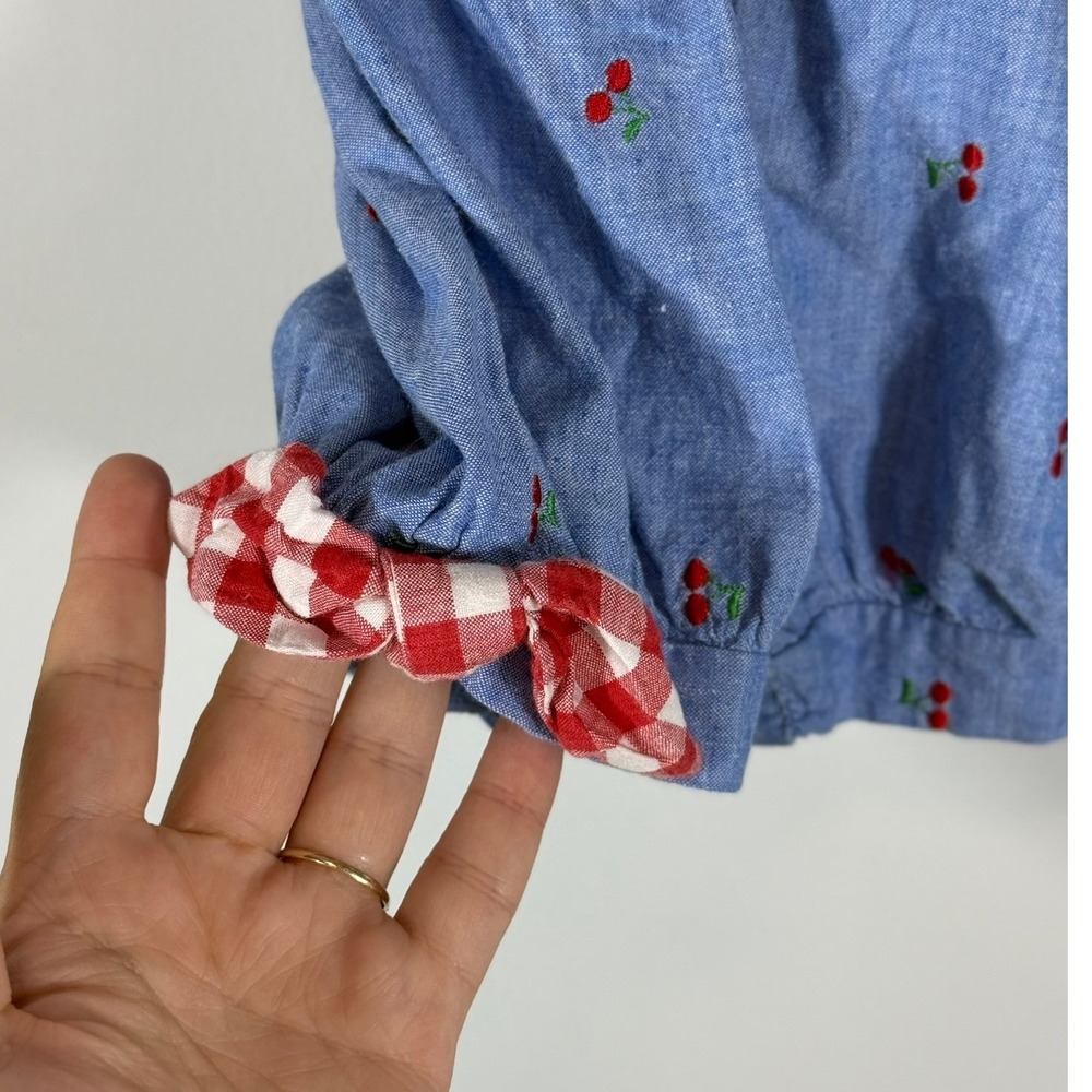 Vintage Cherry Embroidered Chambray Bubble Romper Gingham Bow Toddler 3 832529 - Picture 5 of 12